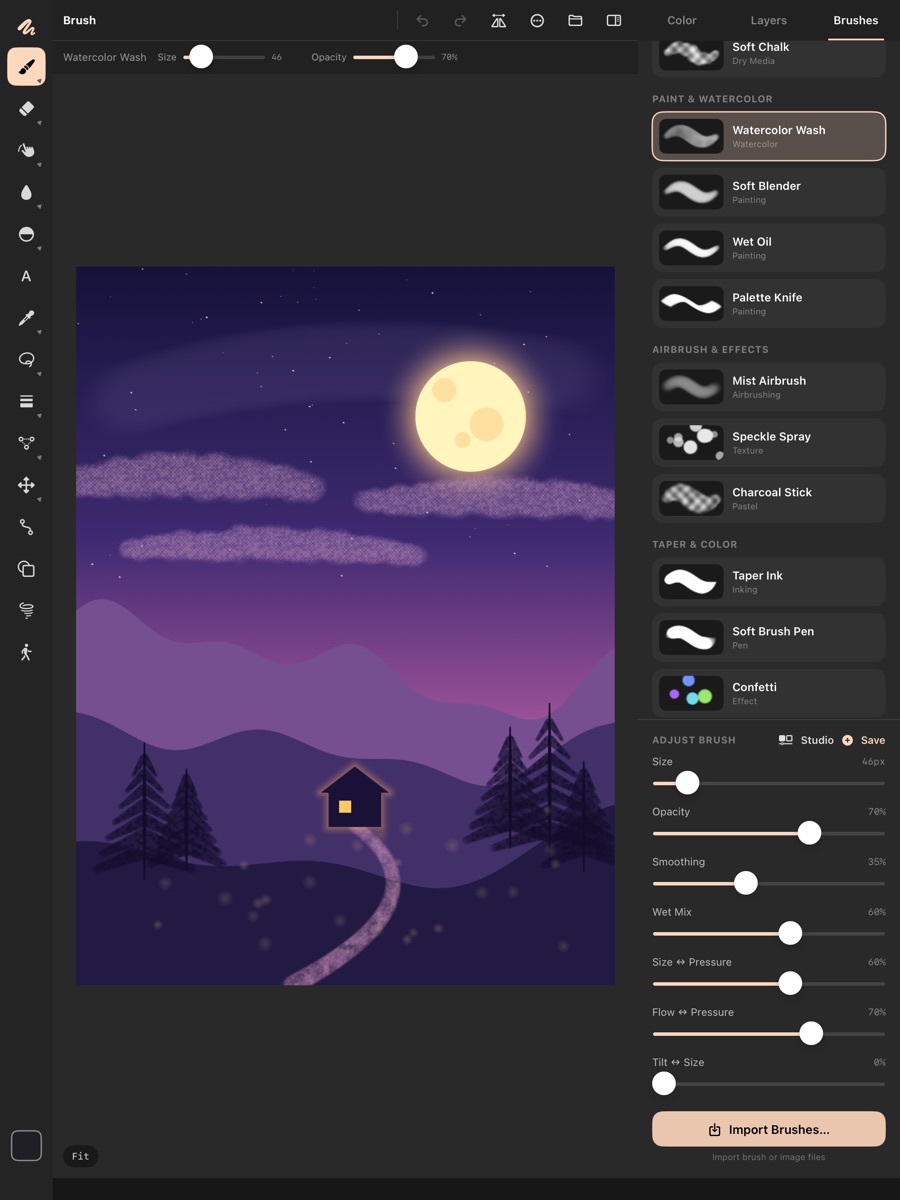 Yumi 2D painting a moonlit night scene with the Watercolor Wash brush
